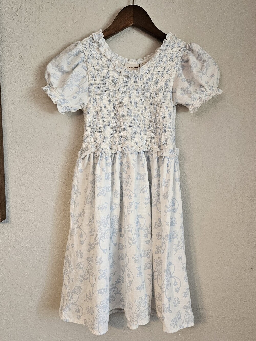 Scotch and Soda Girls' Light Blue Floral Smocked Dress Short Sleeve Ruffles